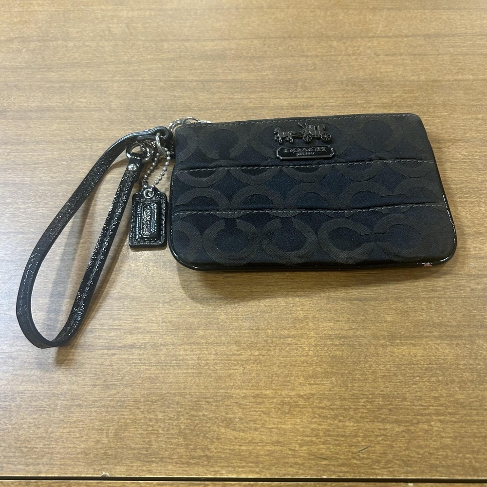Coach Clutch Wallet Womens Small Black Canvas Leather Signature Wristlet